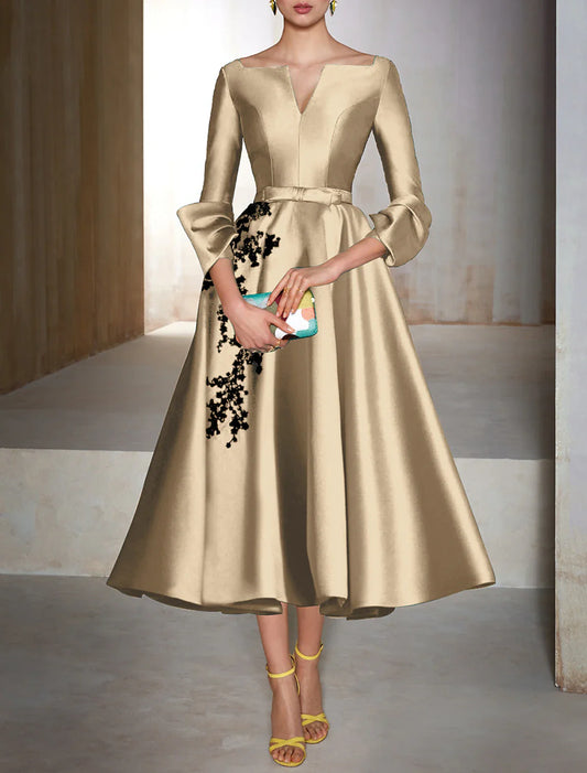 A-Line Cocktail Dresses Christmas Red Green Dress Wedding Guest Tea Length 3/4 Length Sleeve V Neck Satin with Bow(s) Appliques 2026