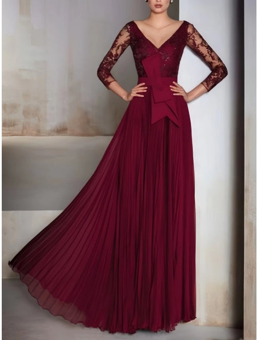 A-Line Evening Gown Elegant Dress Formal Fall Floor Length 3/4 Length Sleeve V Neck Chiffon with Bow(s) Pleats