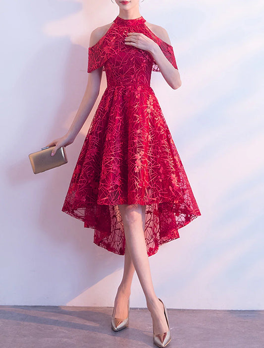 A-Line Cocktail Dresses Elegant Dress Wedding Guest Party Wear Asymmetrical Short Sleeve Jewel Neck Tulle with Pleats Pattern / Print