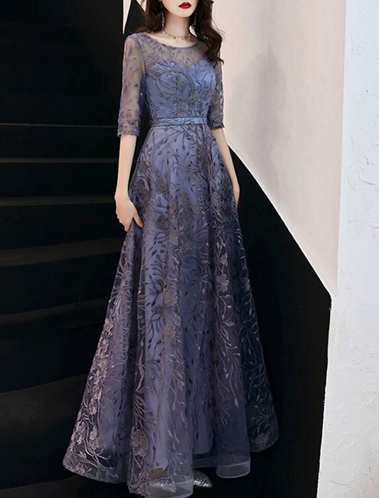 A-Line Evening Gown Elegant Dress Wedding Guest Formal Evening Floor Length Half Sleeve Jewel Neck Tulle with Embroidery Pattern / Print