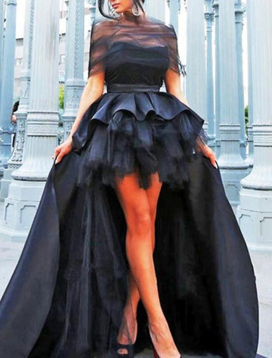 A-Line Evening Gown Black Dress Vintage Halloween Wedding Party Asymmetrical Short Sleeve Illusion Neck Wednesday Addams Family Satin with Pleats Tiered