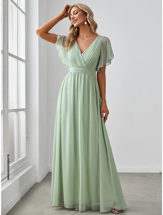 A-Line Bridesmaid Dress V Neck Short Sleeve Elegant Chiffon with Ruffles / Solid Color