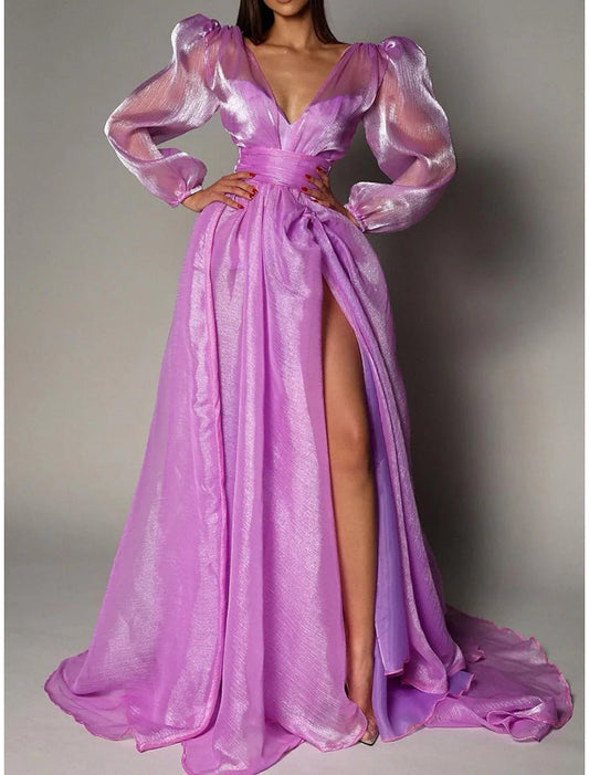 A-Line Evening Gown High Split Dress Wedding Guest Masquerade Court Train Long Sleeve V Neck Organza with Slit 2026