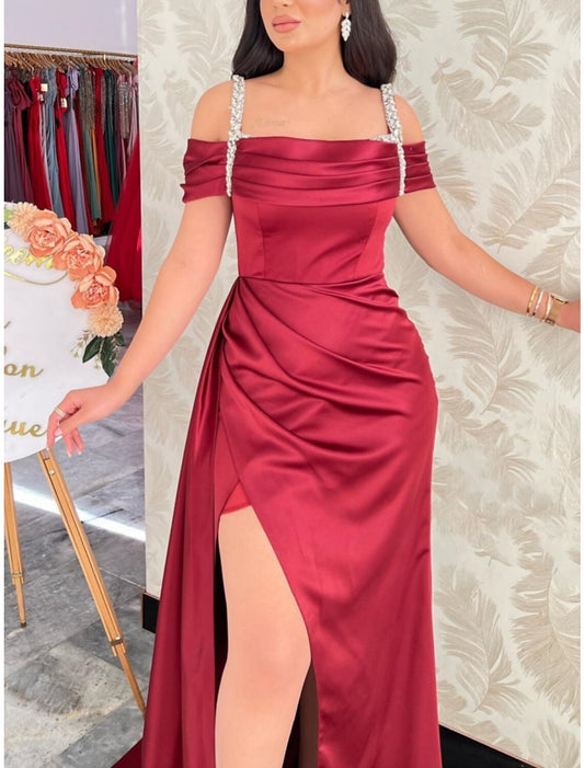 A-Line Evening Gown Elegant Dress Formal Court Train Short Christmas Red Green Dress Sleeve Square Neck Satin with Pleats Ruched Crystals