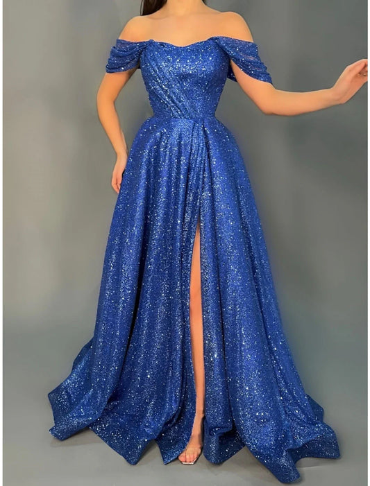 A-Line Evening Gown Elegant Dress Formal Sweep / Brush Train Short Sleeve Off Shoulder Lurex Fabric with Glitter Pleats Slit 2026