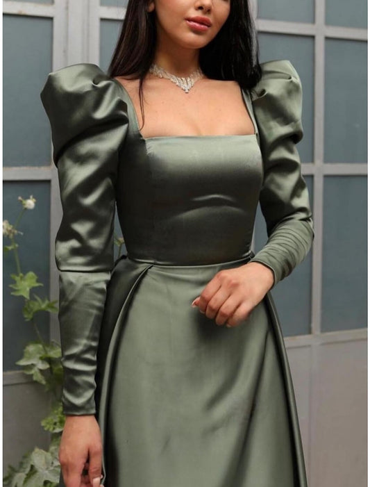 A-Line Evening Gown Elegant Dress Formal Christmas Red Green Dress Sweep / Brush Train Long Sleeve Square Neck Satin with Pleats Ruched 2026