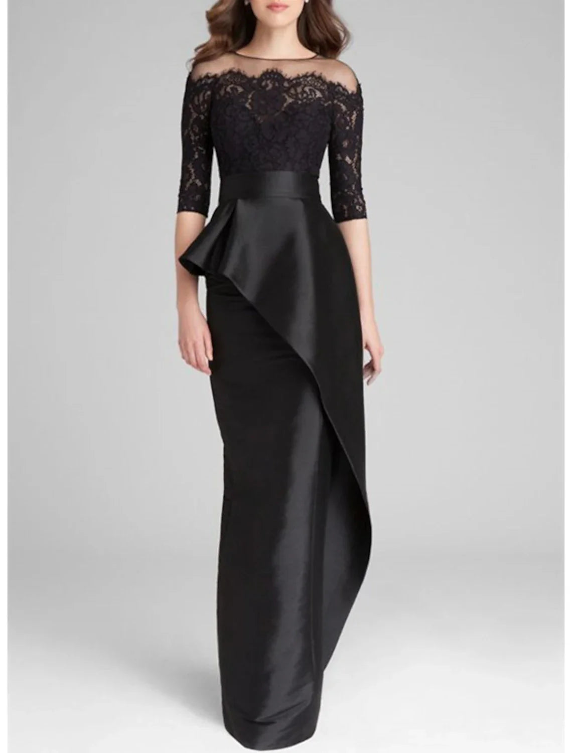 Mermaid / Trumpet Mother of the Bride Dress Wedding Guest Elegant Simple Jewel Neck Floor Length Satin Lace Half Sleeve with Ruffles Appliques