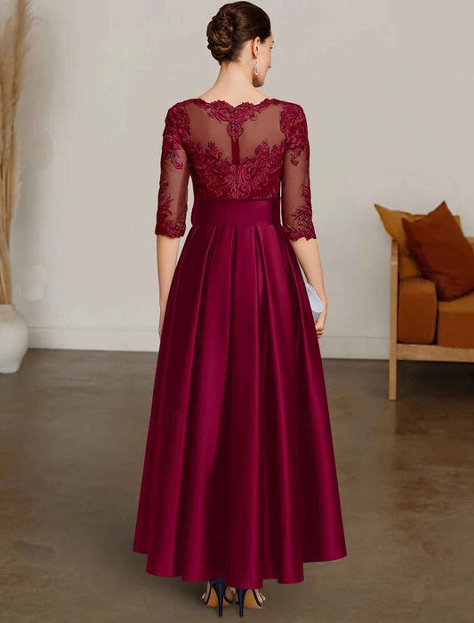 A-line Christmas dress bride's mother's dress formal wedding guests elegant high-low boat collar asymmetrical satin lace 3/4 long sleeves with lace belt/ribbon 2026