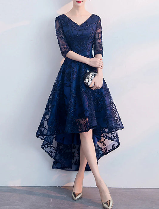 A-Line Cocktail Dresses Elegant Dress Wedding Guest Party Wear Asymmetrical Half Sleeve V Neck Tulle with Pleats