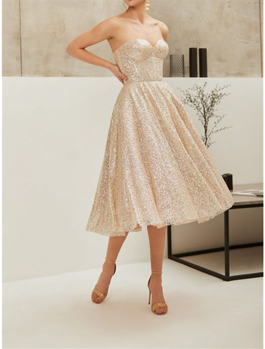 A-Line Corsets Glittering Sparkle Party Wear Engagement Birthday Dress Strapless Sleeveless Knee Length Sequined with Pleats Sequin 2025