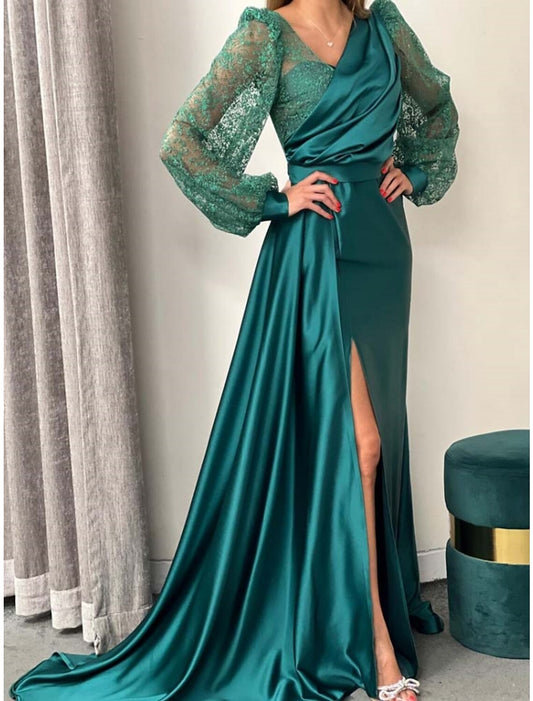 A-Line Evening Gown Elegant Dress Formal Christmas Red Green Dress Court Train Long Sleeve V Neck Satin with Pleats Ruched Slit 2026