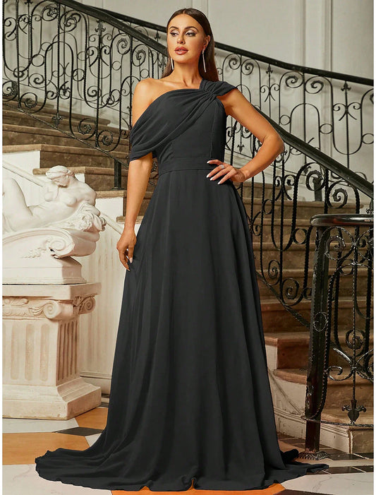 A-Line Evening Gown Elegant Dress Formal Wedding Guest Sweep / Brush Train Short Sleeve One Shoulder Fabric with Pleats Ruched