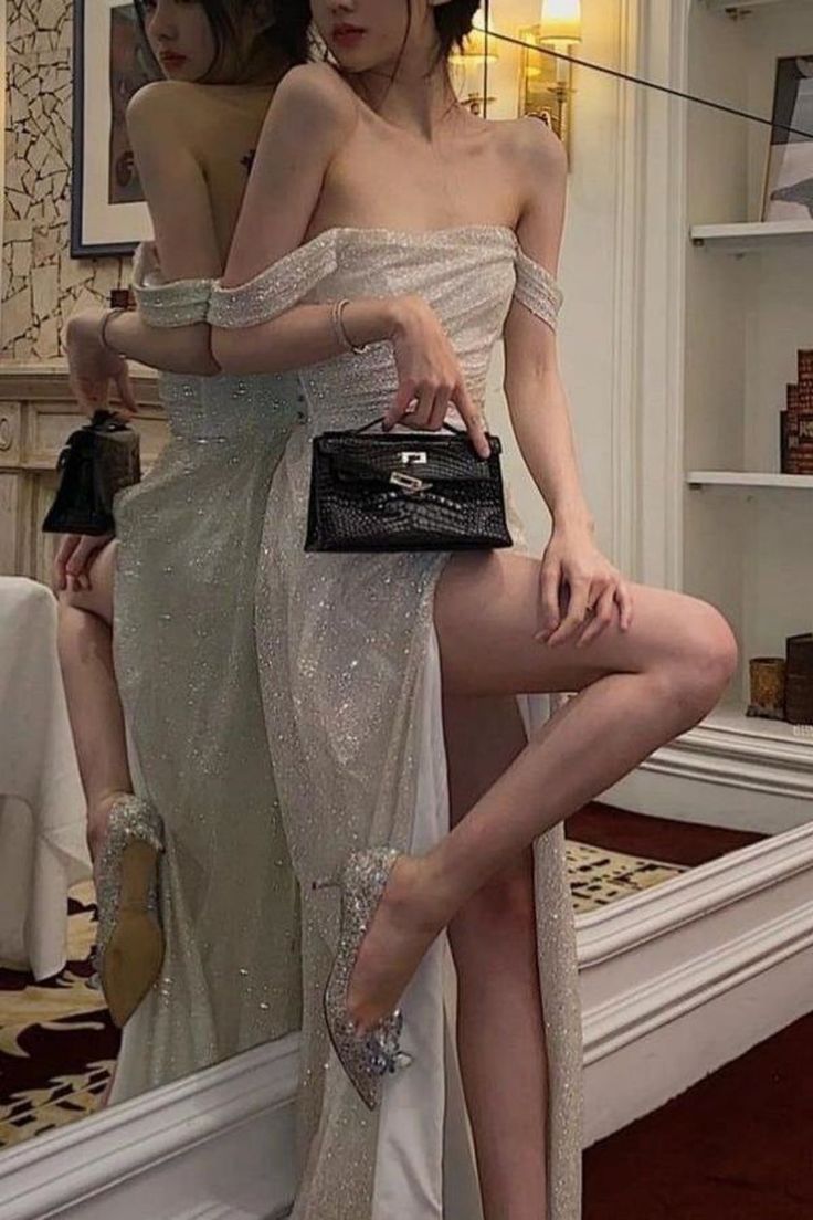 Shinny High Slit Women Prom Gown