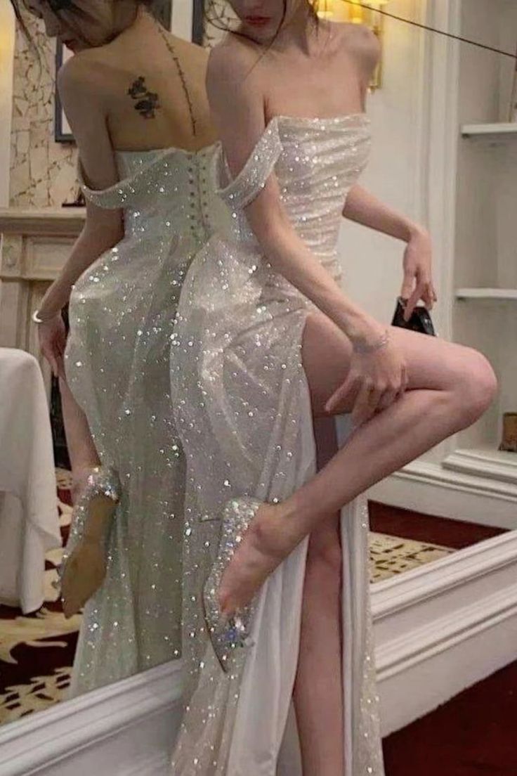 Shinny High Slit Women Prom Gown