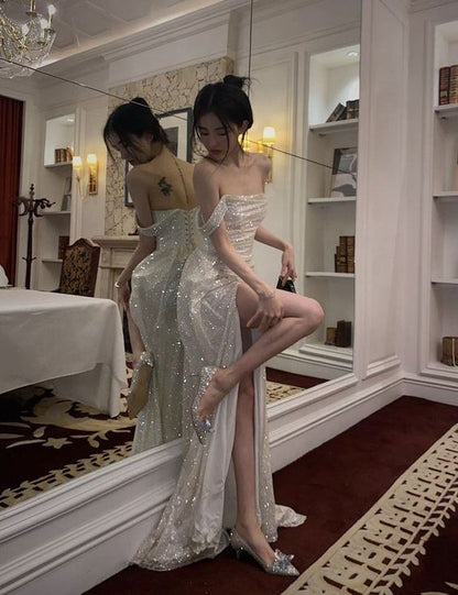 Shinny High Slit Women Prom Gown