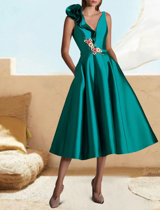 A-Line Cocktail Dresses Emerald Green Dress Wedding Guest Prom Tea Length Sleeveless V Neck Satin with Ruffles Appliques