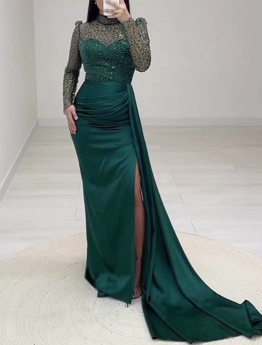 A-Line Evening Gown Christmas High Split Dress Formal Sweep / Brush Train Long Sleeve High Neck Satin with Glitter Ruched Slit