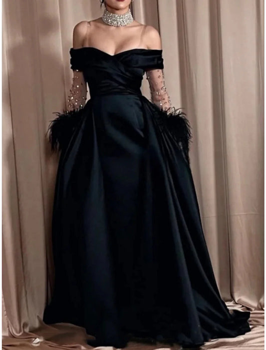 A-Line Evening Gown Elegant Dress Formal Black Dress Sweep / Brush Train Long Sleeve Off Shoulder Satin with Rhinestone Feather Pleats 2026