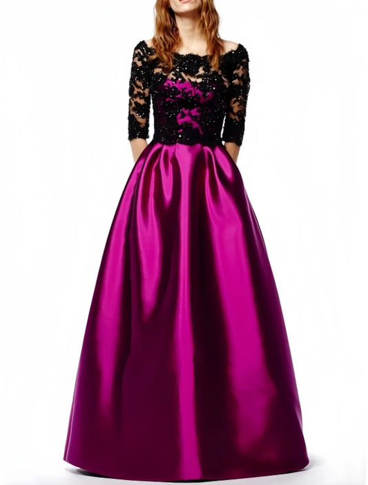 A-Line Evening Gown Party Dress Birthday Fall Floor Length Half Sleeve Off Shoulder Satin with Pleats Sequin 2026