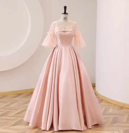Sweet Pink Square Neck Lace Sleeve Satin Ball Gown Evening Dresses Sweet 16 Dresses