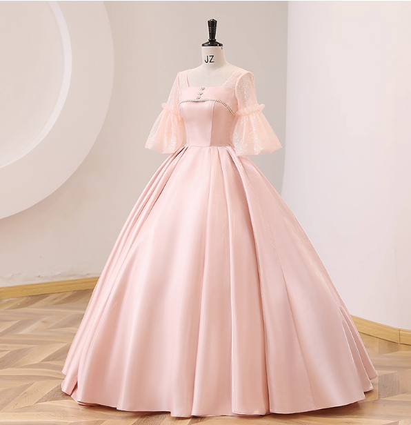 Sweet Pink Square Neck Lace Sleeve Satin Ball Gown Evening Dresses Sweet 16 Dresses