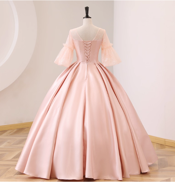 Sweet Pink Square Neck Lace Sleeve Satin Ball Gown Evening Dresses Sweet 16 Dresses