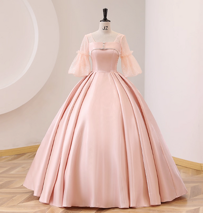 Sweet Pink Square Neck Lace Sleeve Satin Ball Gown Evening Dresses Sweet 16 Dresses