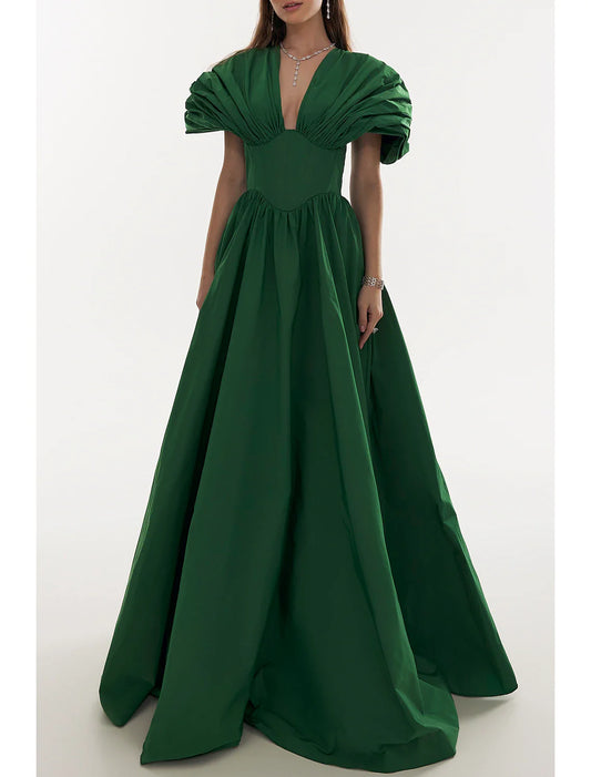 A-Line Evening Gown Elegant Christmas Red Green Dress Formal Black Dress Plus Size Fall Floor Length Short Sleeve V Neck Satin with Pleats 2026