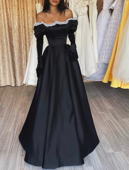 A-Line Evening Gown Gothic Dress Formal Wedding Party Floor Length Long Sleeve Off Shoulder Satin with Pearls 2026