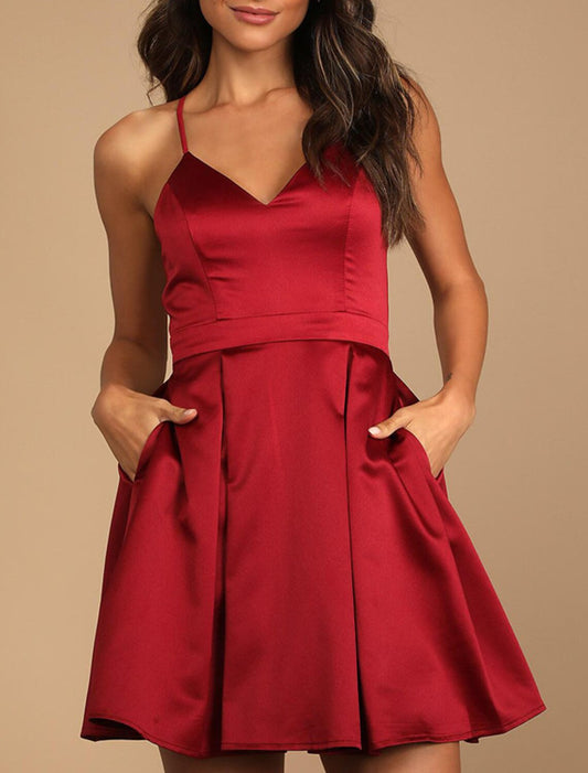 A-Line Black Dress Sexy Graduation Cocktail Party Dress V Neck Sleeveless Short / Mini Satin with Criss Cross Pleats