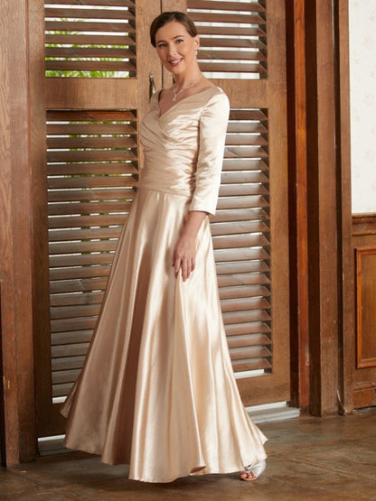 A-Line/Princess Woven Satin Ruched V-neck 3/4 Sleeves Ankle-Length Mother of the Bride Dresses