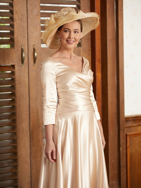 A-Line/Princess Woven Satin Ruched V-neck 3/4 Sleeves Ankle-Length Mother of the Bride Dresses