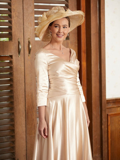 A-Line/Princess Woven Satin Ruched V-neck 3/4 Sleeves Ankle-Length Mother of the Bride Dresses