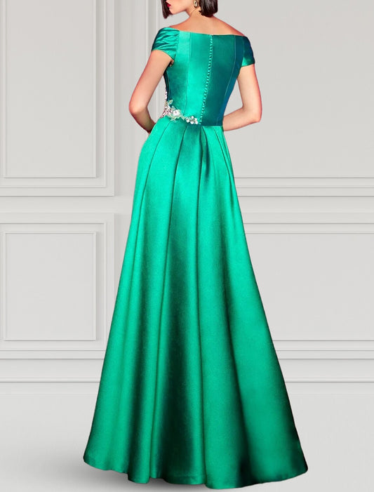 A-Line Evening Gown Christmas Red Green Dress Elegant Dress Formal Fall Floor Length Short Sleeve V Neck Satin with Slit Appliques