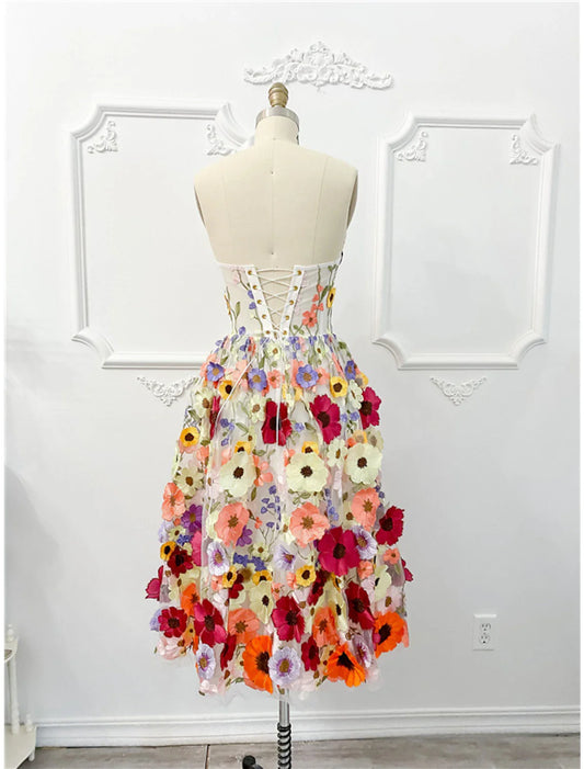 A-Line Cocktail Dresses Floral Dress Summer Garden Party Knee Length Sleeveless Strapless Tulle with Appliques