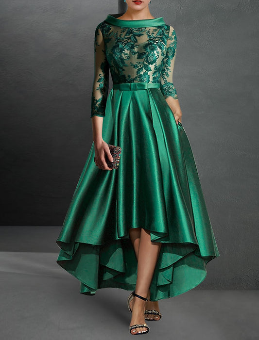 A-Line Cocktail Dress Christmas Red Green Dresses Elegant Dress Christmas Red Green Dress Formal Asymmetrical 3/4 Length Sleeve Jewel Neck Fall Wedding Guest Satin with Pleats Appliques 2026