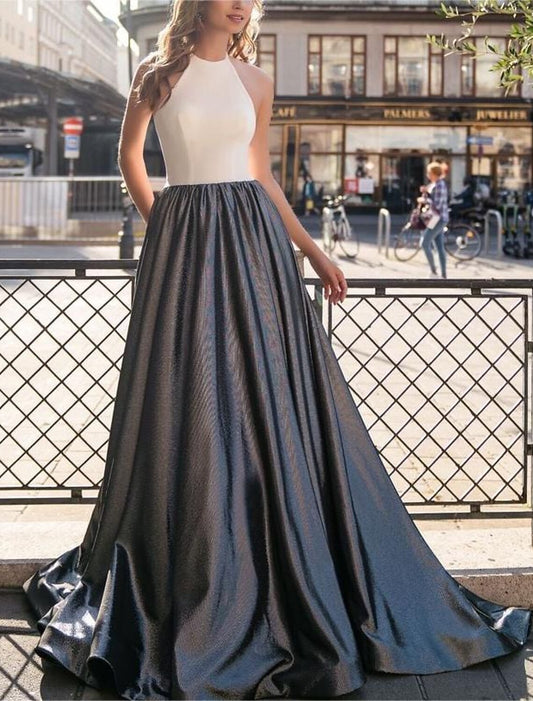 A-Line Evening Gown Color Block Dress Wedding Prom Floor Length Sleeveless Stand Collar Chiffon with Glitter
