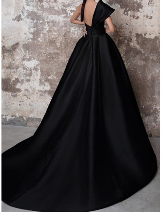 A-Line Evening Gown Party Black Dress Plus Size Party Wear Church Court Train Sleeveless One Shoulder Italy Satin Backless with Ruched 2026