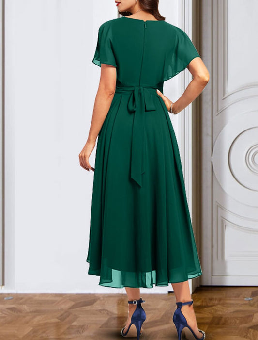 A-Line Cocktail Dresses Empire Dress Party Wear Wedding Guest Ankle Length Short Sleeve V Neck Fall Wedding Guest Chiffon with Pure Color Strappy 2026