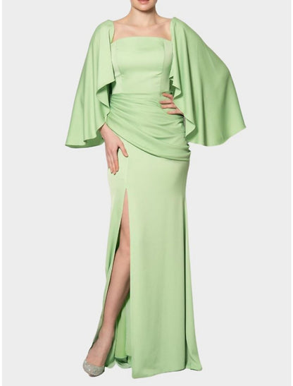 Sheath / Column Evening Gown Elegant Dress Formal Christmas Red Green Dress Sweep / Brush Train Long Sleeve Square Neck Chiffon with Pleats Ruched Slit
