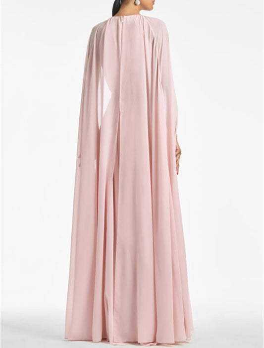 A-Line Evening Gown Elegant Dress Wedding Party Wear Floor Length Sleeveless Jewel Neck Capes Chiffon with Rhinestone