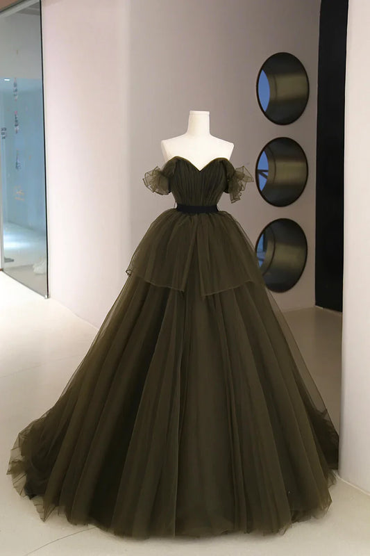 Green Tulle Long A-Line Prom Dress, Elegant Sweetheart Neck Evening Party Dress  S7315