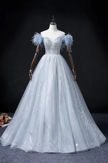 Blue Tulle Beads Long Prom Dress, Elegant A-Line Evening Party Dress       S7313