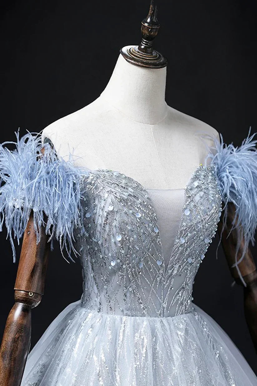 Blue Tulle Beads Long Prom Dress, Elegant A-Line Evening Party Dress       S7313