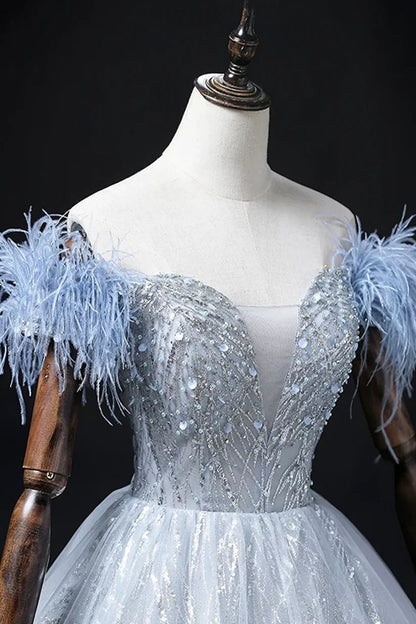 Blue Tulle Beads Long Prom Dress, Elegant A-Line Evening Party Dress       S7313