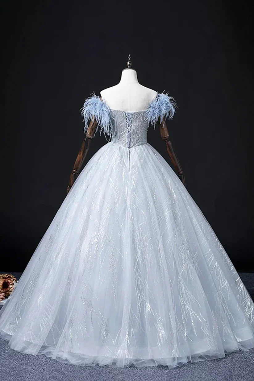 Blue Tulle Beads Long Prom Dress, Elegant A-Line Evening Party Dress       S7313