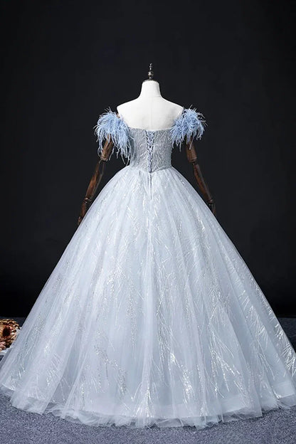 Blue Tulle Beads Long Prom Dress, Elegant A-Line Evening Party Dress       S7313