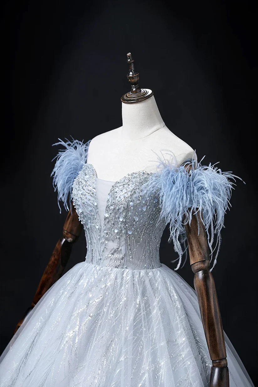 Blue Tulle Beads Long Prom Dress, Elegant A-Line Evening Party Dress       S7313