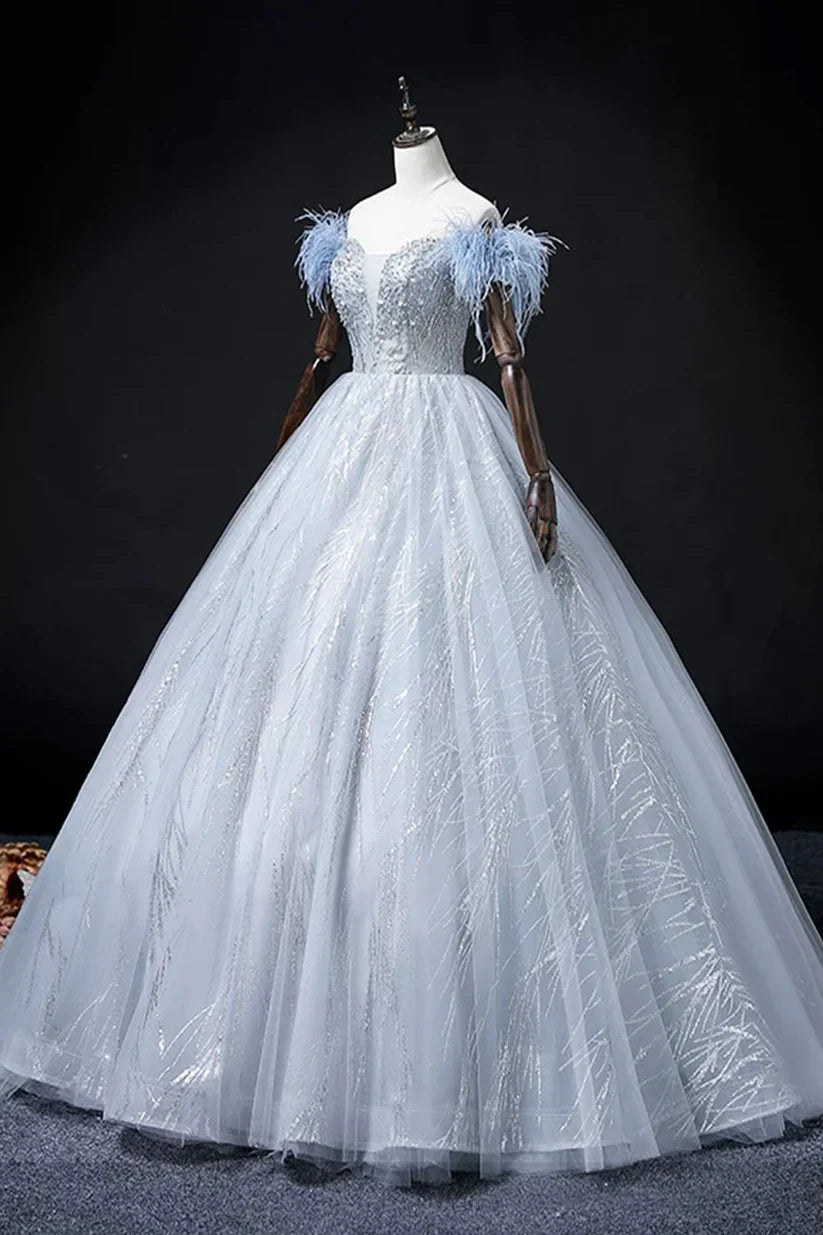 Blue Tulle Beads Long Prom Dress, Elegant A-Line Evening Party Dress       S7313
