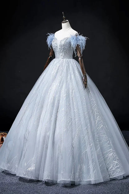 Blue Tulle Beads Long Prom Dress, Elegant A-Line Evening Party Dress       S7313